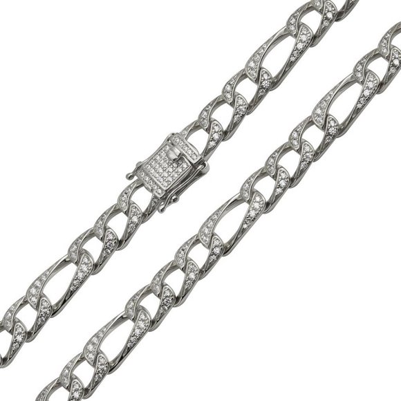 Silver 925 Rhodium Plated Cubic Zirconia Encrusted Figaro Bracelet 8.2mm
